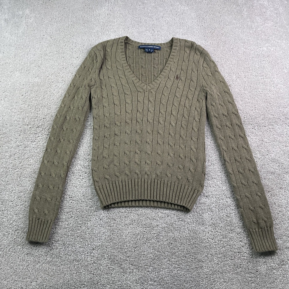 Ralph Lauren Sport Sweater Womens Small Brown Cable Knit V Neck Cotton Preppy
